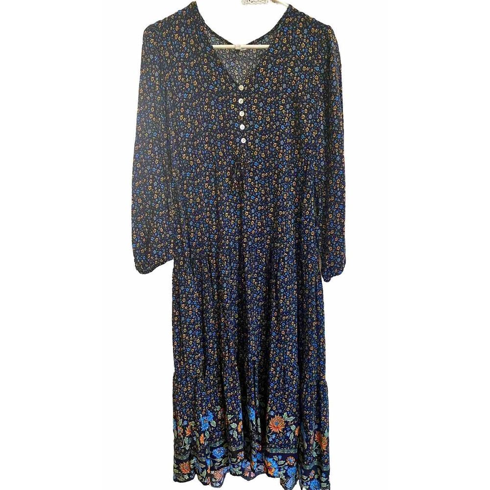 Shein Cottagecore Gothcore Maxi Navy Floral 3/4 Sleeve Tiered Dress Women's S - Picture 1 of 9